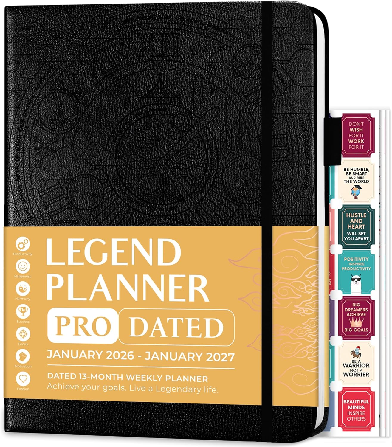 Legend Planner PRO Dated Jan 2026-Jan 2027 – Deluxe Weekly & Daily Organizer with Time Slots. Appointment Book Journal for Work & Time Management, A4 Hardcover (Black)