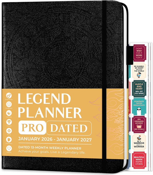 Legend Planner PRO Dated Jan 2026-Jan 2027 – Deluxe Weekly & Daily Organizer with Time Slots. Appointment Book Journal for Work & Time Management, A4 Hardcover (Black)