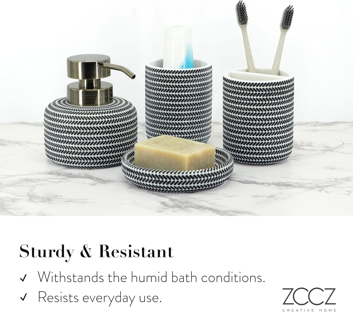 ZCCZ Black and White Bathroom Accessories Set, 4 Pieces - Toothbrush Holder, Soap Dispenser, Vanity Tray, Tumbler - Countertop Organizer for Bathroom Decor - Modern Accessory Set for Home and Office
