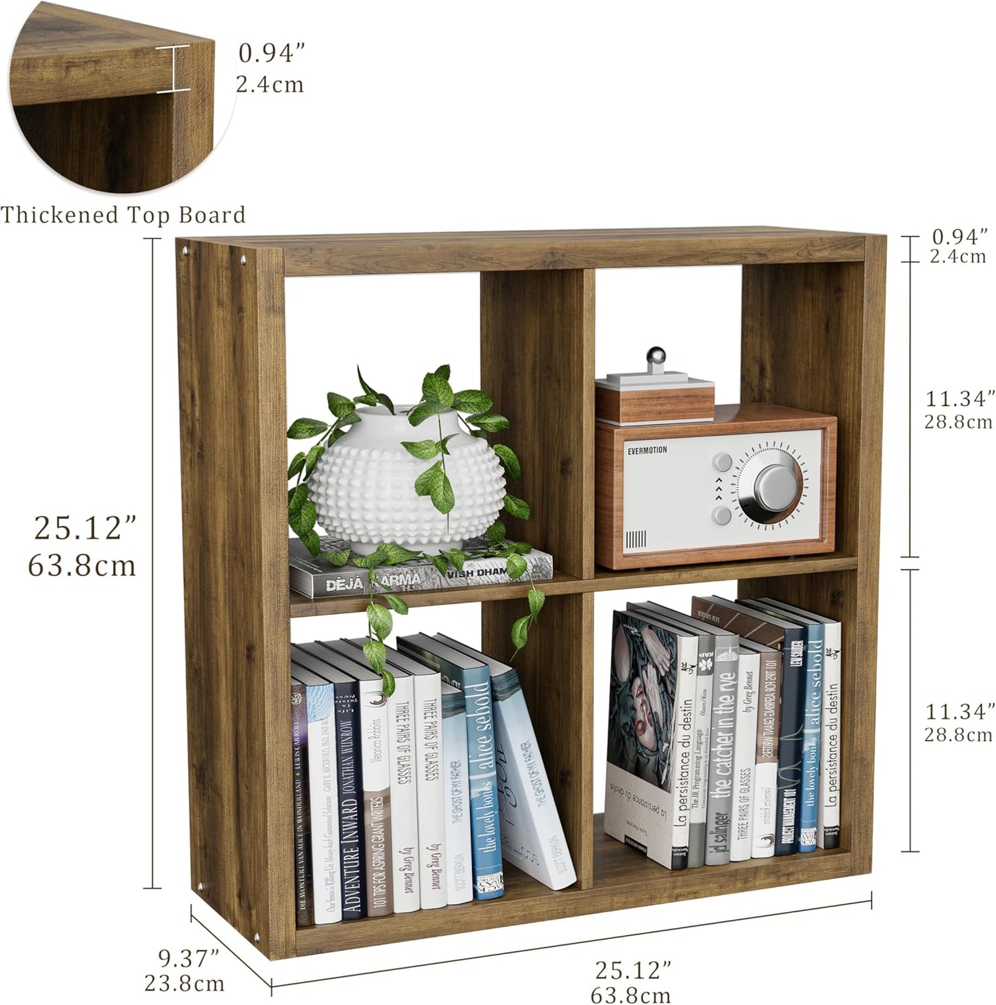 Cube Storage Organizer Bookcase, Decorative 11 inch Open Back Cubical Shelf with Thickened Border, Display Bookshelf for Living Room, Home Office, Sturdy Room (Brown, 4 Cube)