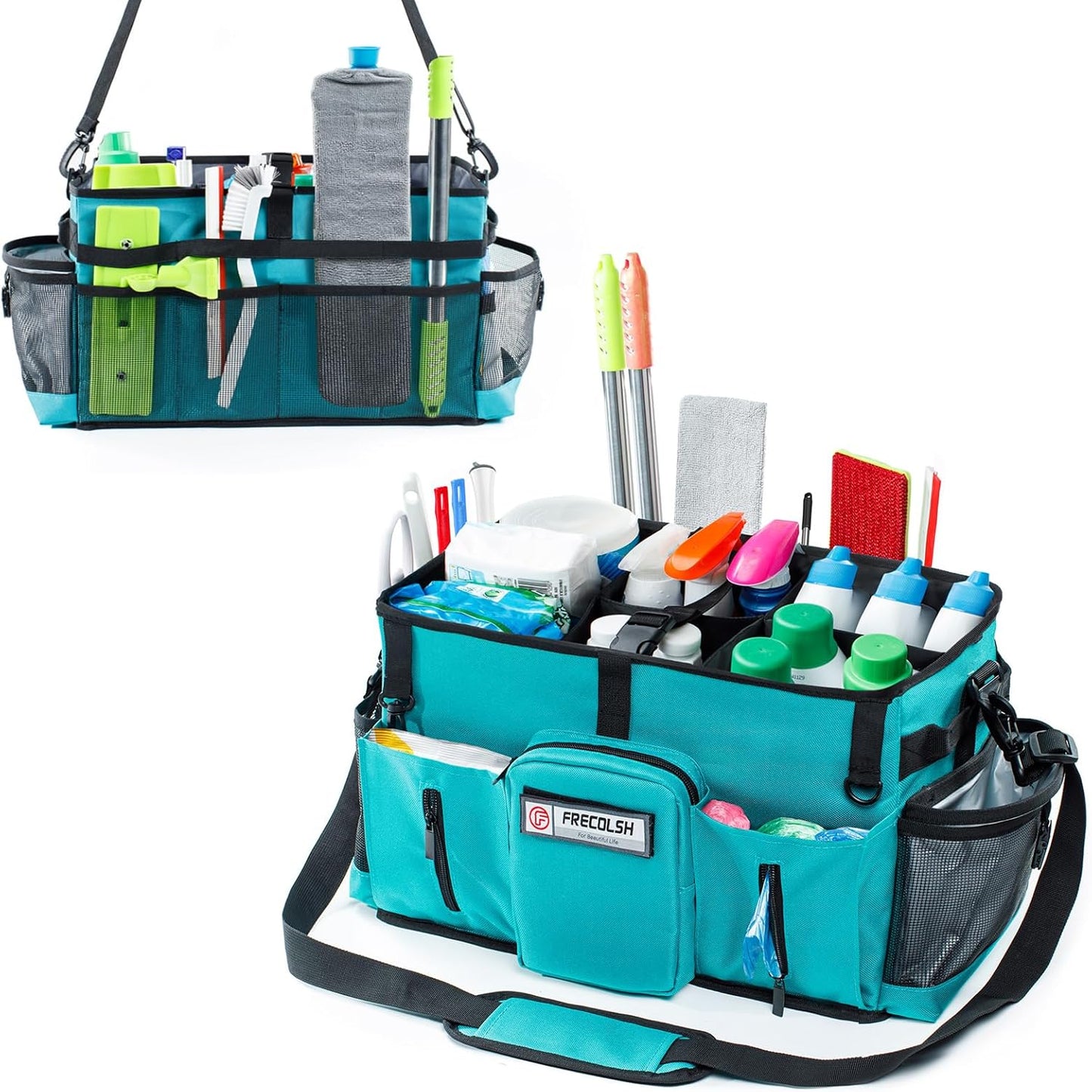 Large Cleaning Supplies Organizer-Cleaning Caddy Organizer With Handles & Shoulder Strap-Cleaning Bags for Cleaning Suppliers-Housekeepers Wearable Cleaning Tote 2023 Upgraded, Teal