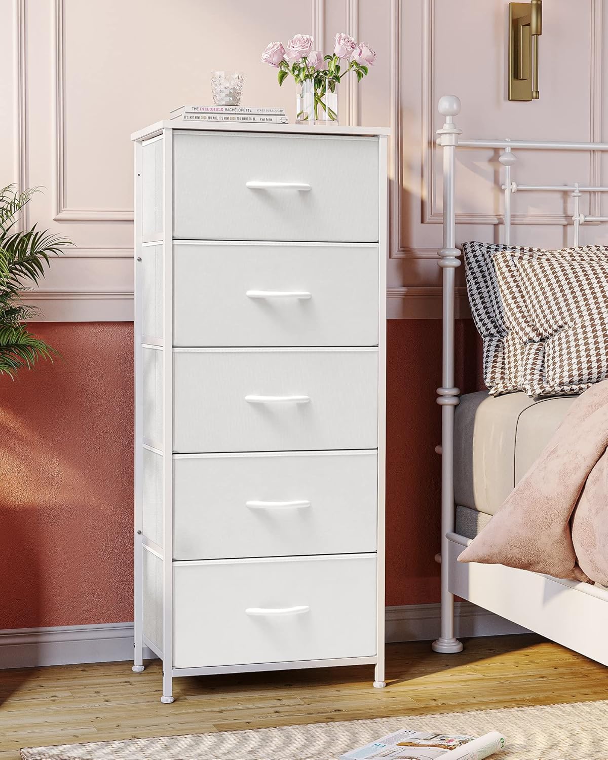 Crestlive Products Tall Dresser Vertical Storage Tower - Sturdy Steel Frame, Wood Top, Easy Pull Fabric Bins - Organizer Unit for Bedroom, Hallway, Entryway, Closets - 5 Drawers(White)