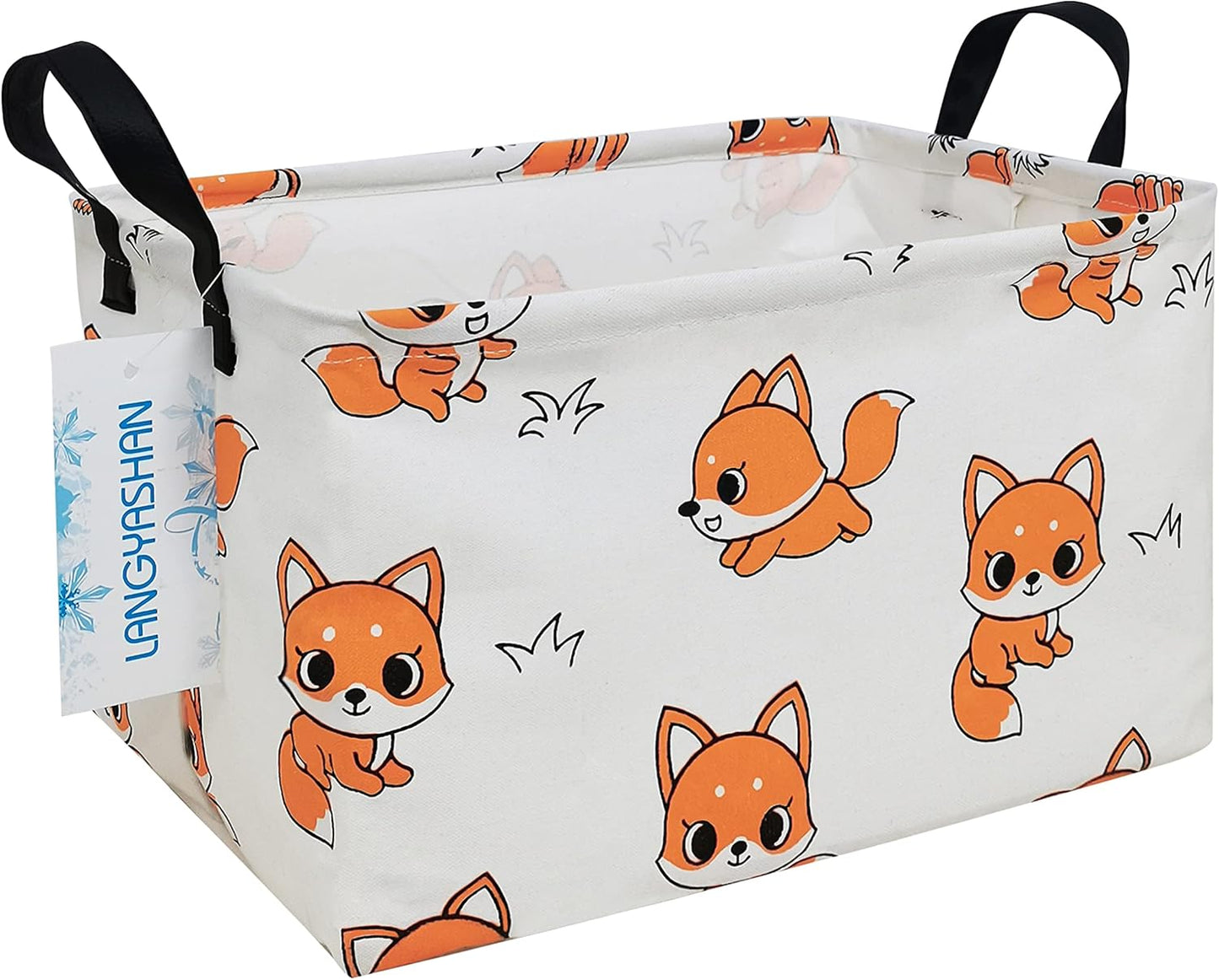 LANGYASHAN Rectangular Storage Bin Collapse Canvas Fabric Cartoon Storage Basket with Handles for Organizing Home Kitchen Boys and Girls Toys Office Closet Shelf Baskets(Rec Fox)