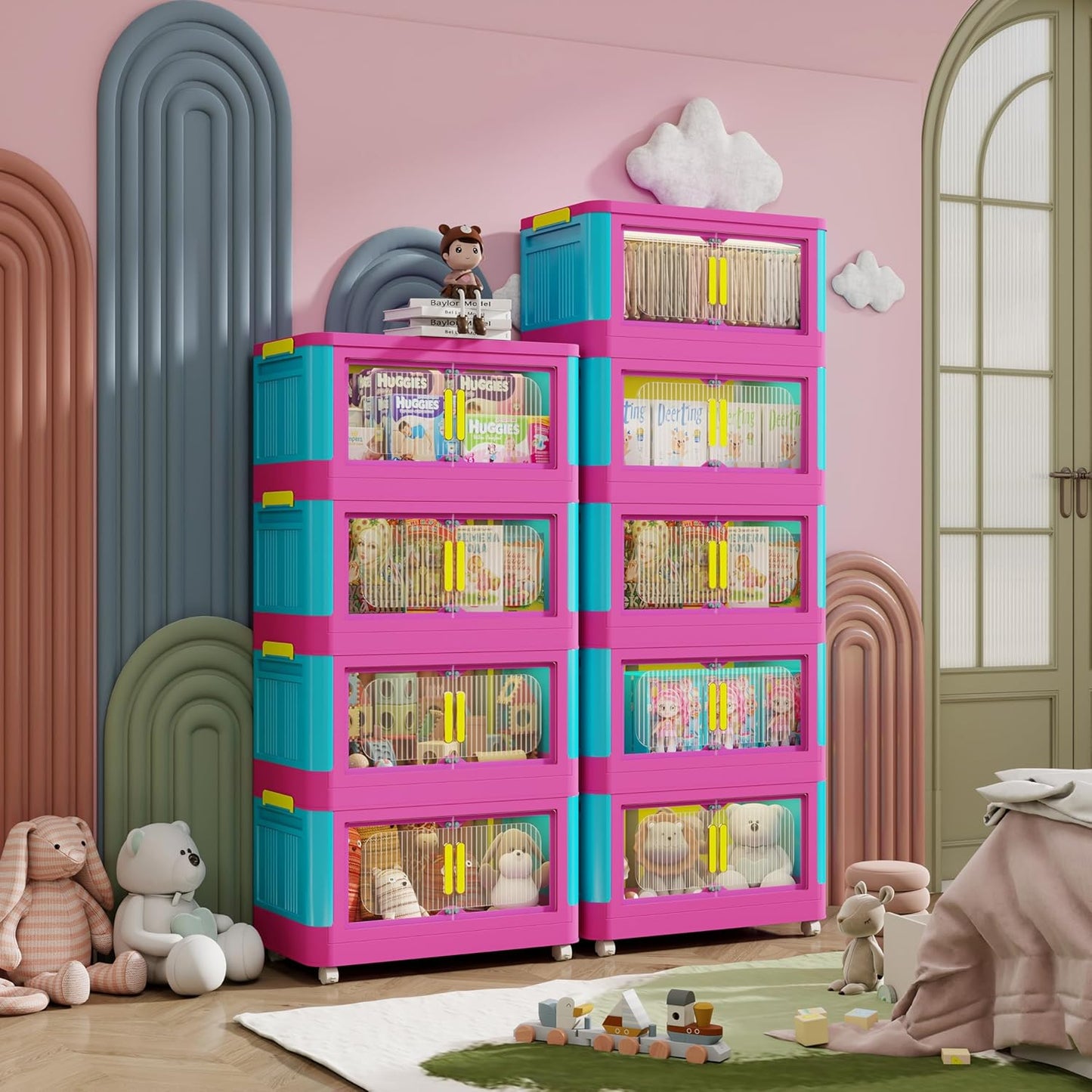 Holaki 156 QT Storage Bins with Lid, 4 Tiers Collapsible Closet Organizers, Stackable Plastic Storage Bins Cabinet Box with Wheels and Magnetic Door for Princess Room, Girl(Colorful)