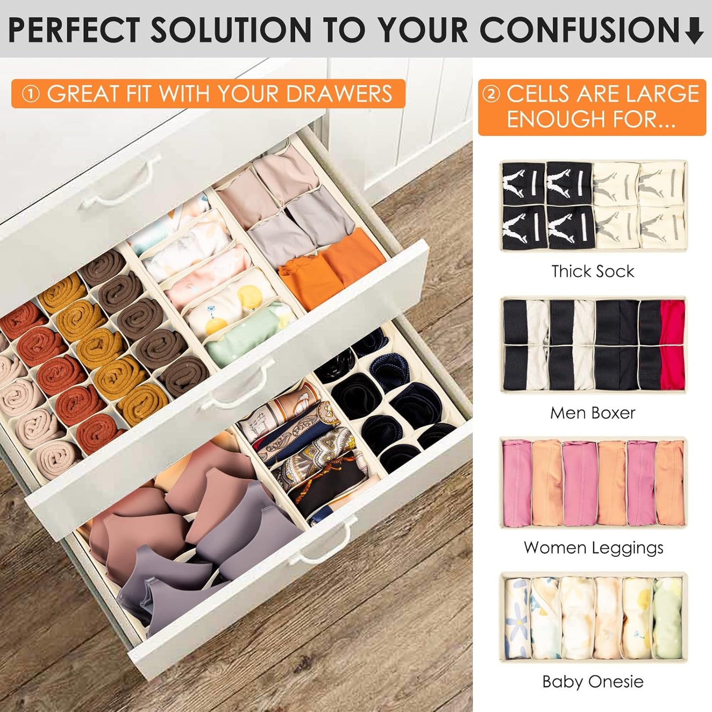 Drawer Organizer Clothes, 8 Pack Dresser Organizer Bins for Baby Clothes, Underwear Sock, Fabric Closet Organization and Storage Dividers for Nursery Bedroom (48 Compartments, Beige)