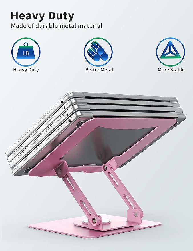 SOUNDANCE Laptop Stand with 360° Rotating Base, Ergonomic Computer Riser for Desk, Adjutable Height Muti-Angle, Foldable Laptop Mount, Stable Metal Holder Support 10-15.6" Notebook PC, Pink