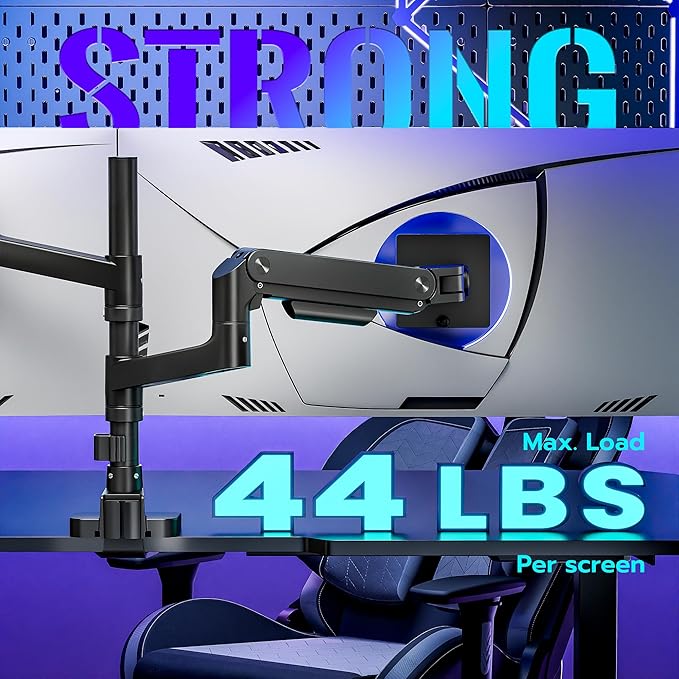 ARES WING Dual Monitor Arm Desk Mount for 17-49 Inch Ultrawide Monitors, Heavy Duty Dual Monitor Mount Holds 44 lbs, Full Motion Gas Spring Vertical Stacked Monitor Mount, 75/100 VESA Mount, Black