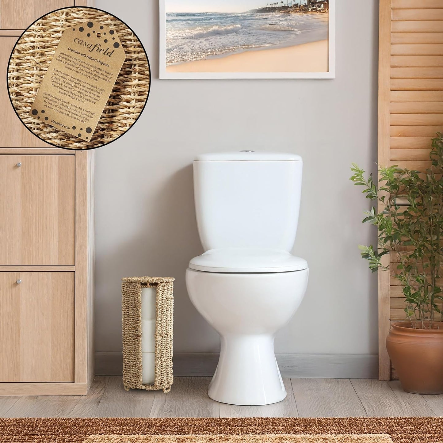 Casafield Free Standing Toilet Paper Storage Roll Holder with Lid - Natural, Fits 3 Rolls, Seagrass Bath Tissue Organizer for Bathroom