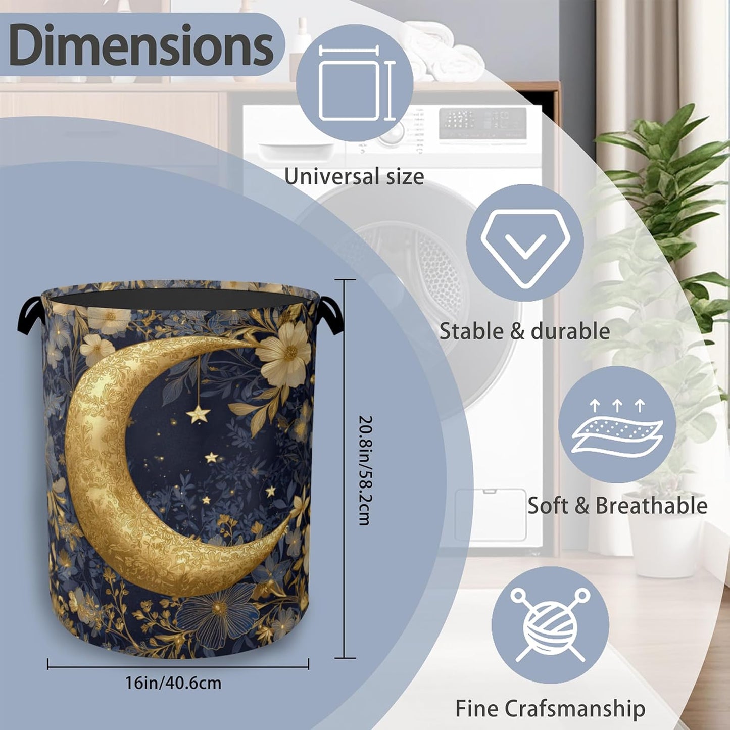 Golden Moon Laundry Basket,Flowers Foldable Oxford Cloth Tote Bag Laundry Hamper Clothes Storage Bucket Organizer for Bedroom Laundry Storage Dormitories 16" x 20.8"