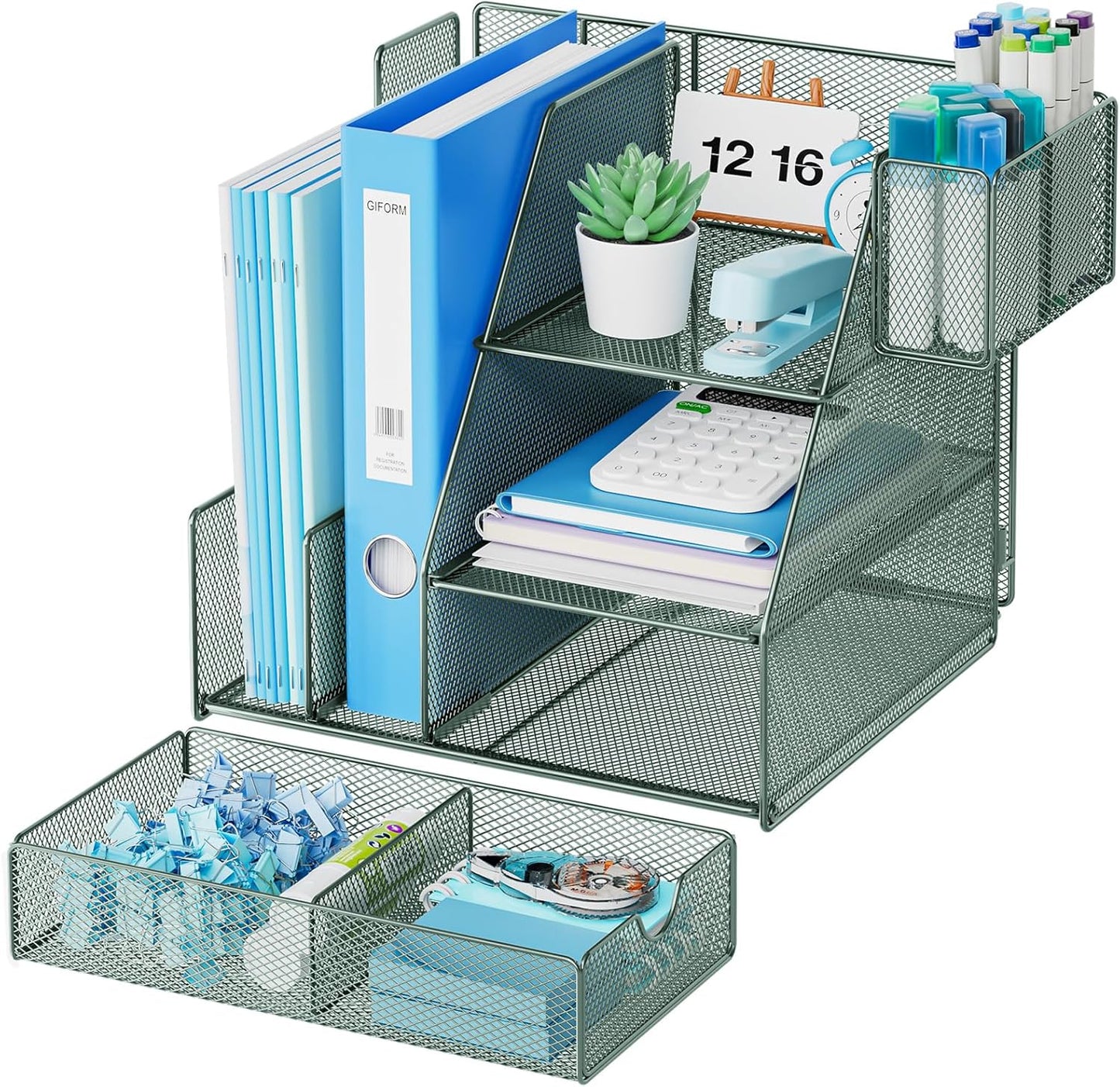 Marbrasse Desk Organizer and Accessories, 3-Tier File Organizer with Drawer and Pen Holder, Small Desktop Organizer and Storage for Workspace Office Supplies Green