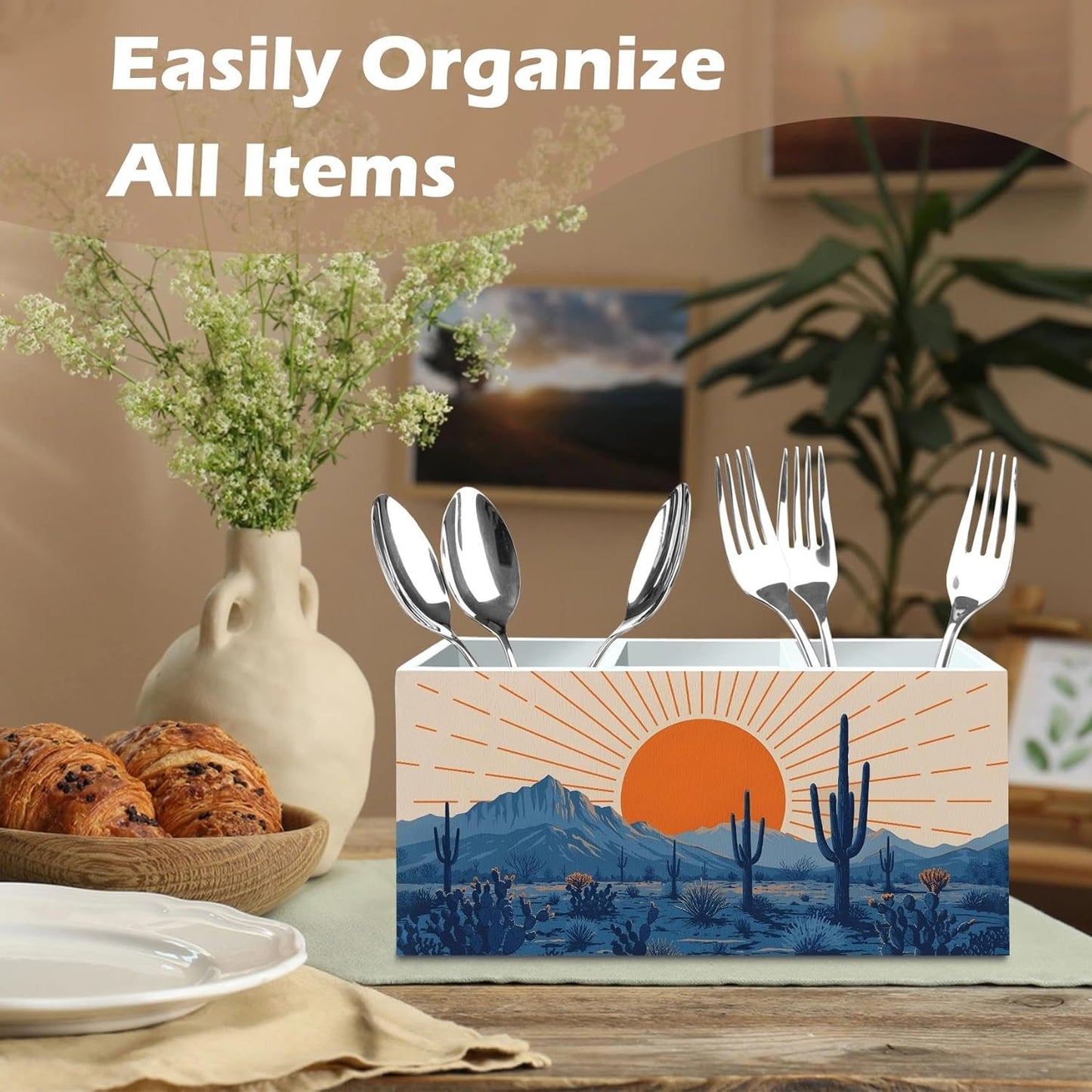 DILSJ Western Boho Pen Pencil Holder Organizer for Desk, Boho Office Decor, Abstract Sunshine Western Desert Cactus Landscape Wooden Box Signs for Home Office Desk Tabletop Decoration