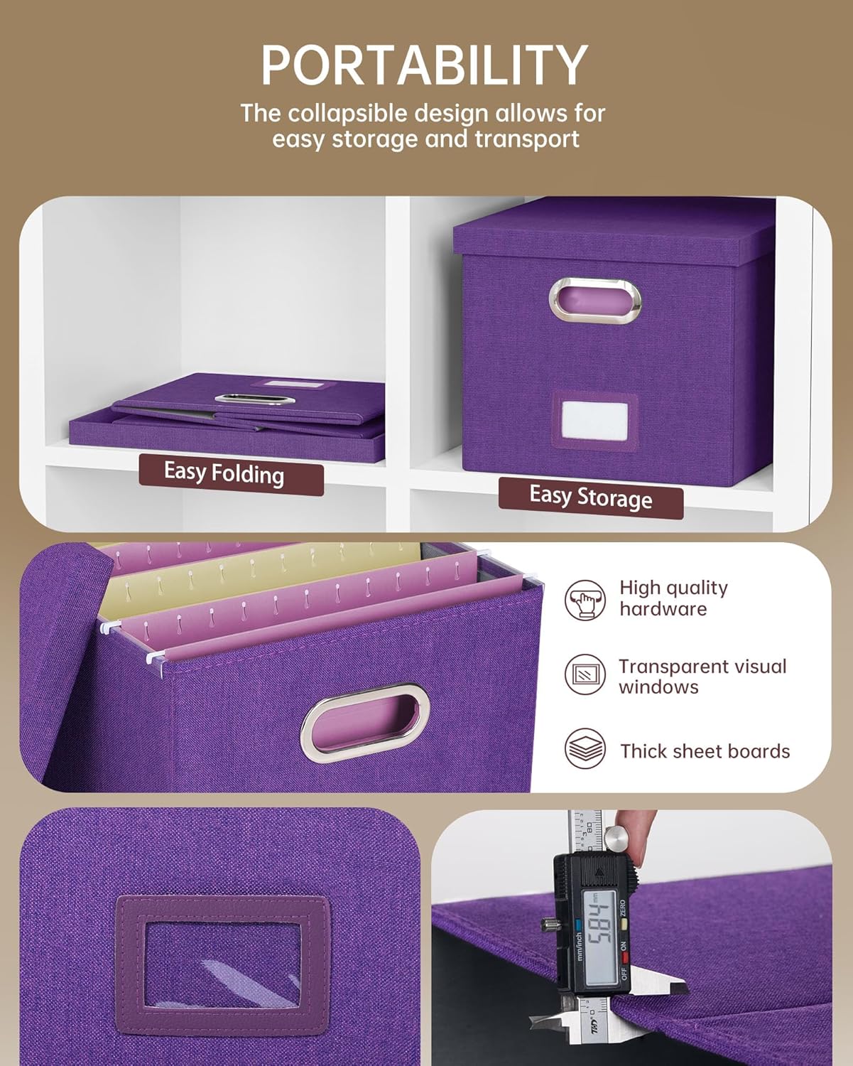 2 Pack File Storage Organizer, Filing Box, Portable File Box with Lid, Fit for Letter/Legal File Folder Storage, Document Organizer, Purple