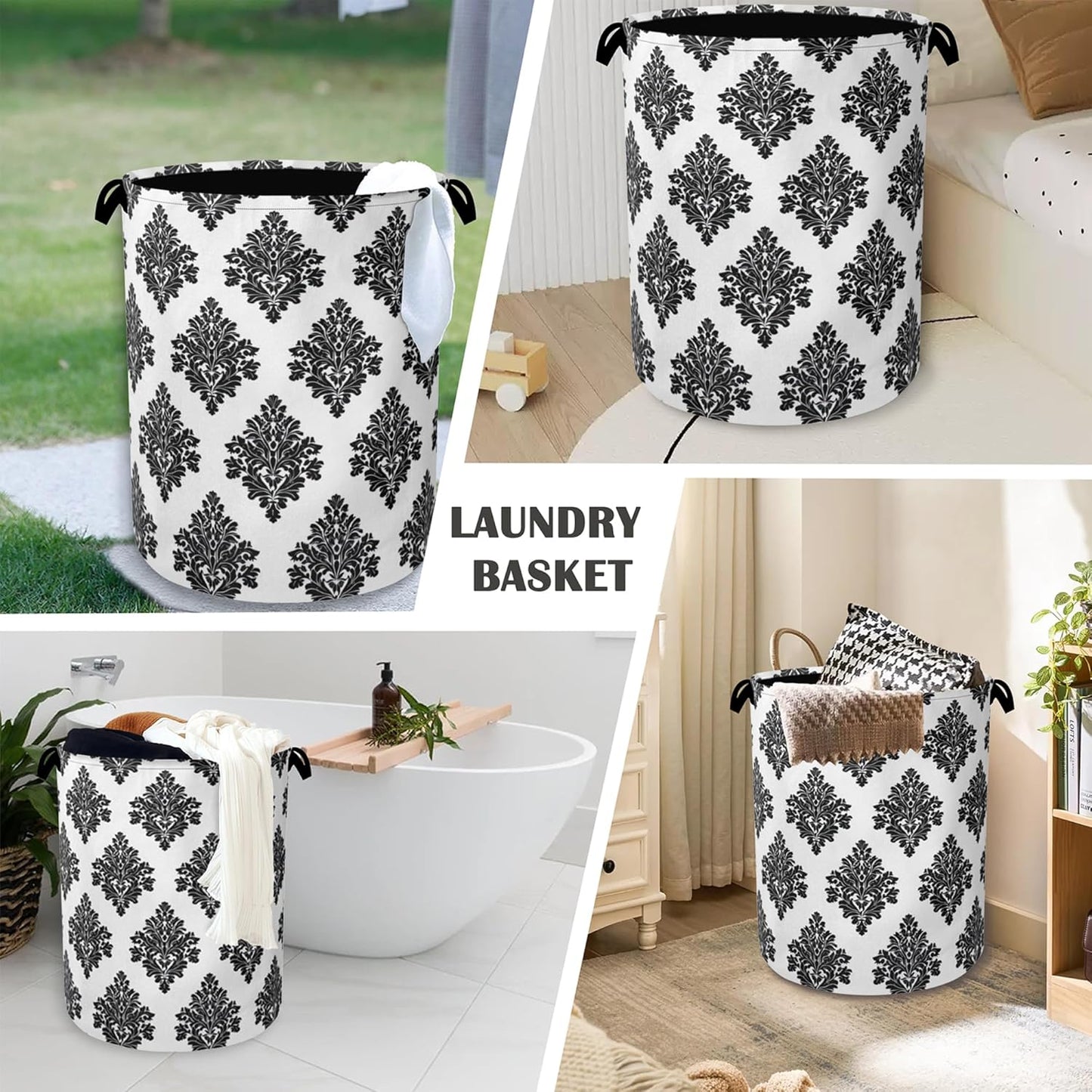 Vintage Damask Floral Laundry Basket,Oxford Cloth Laundry Hamper with Handle Foldable Portable Clothes Storage Basket for Bathroom Bedroom Dorm Room 16" x 20.8"