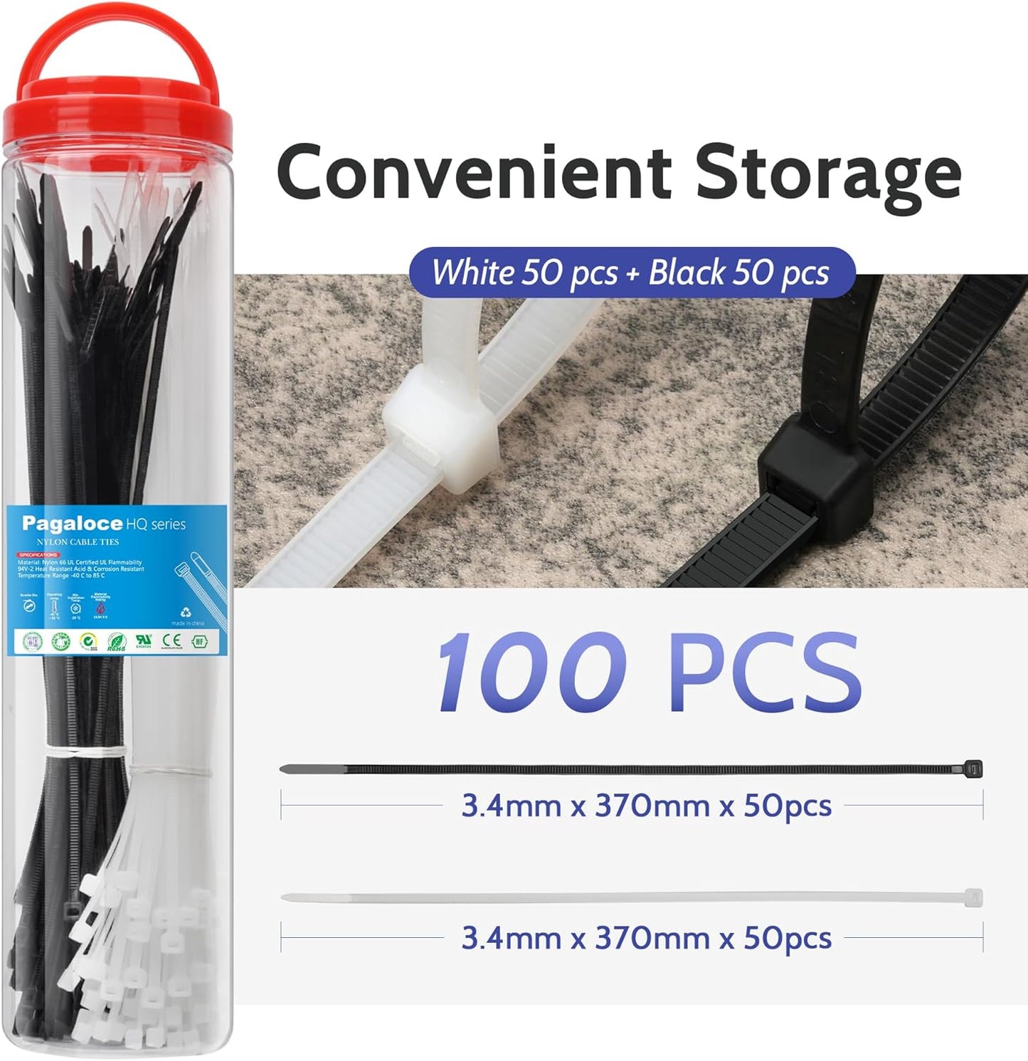 100 Pack Zip Cable Ties (Black and White, Each 50pcs), 14 Inch Self-Locking Nylon Zip Ties, Cable Cord Management, Plastic Wire Ties, Size: 3.4mm*370mm, UV Resistant, UL Listed, for Indoor and Outdoor