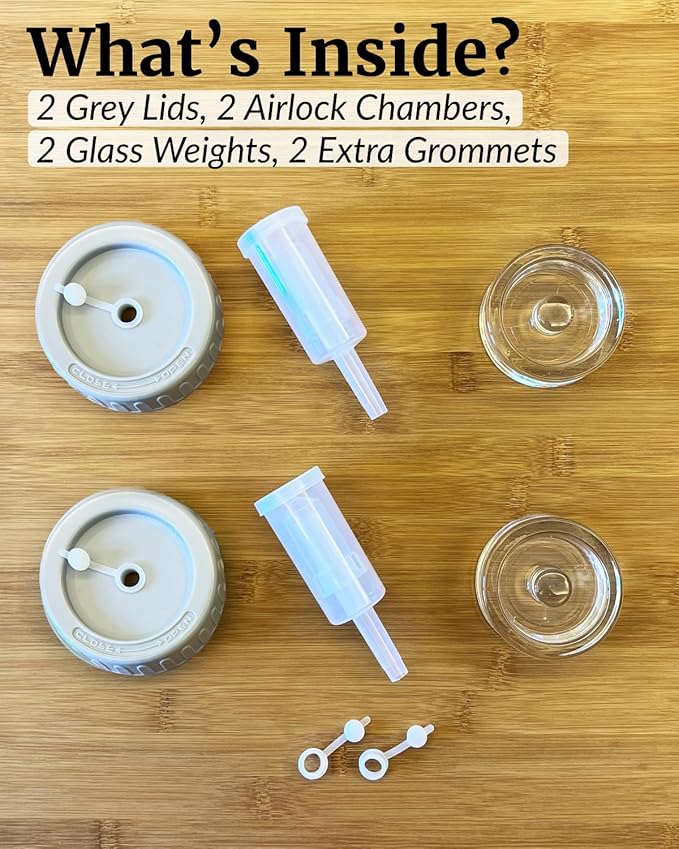 Elementi Fermentation Kit - Set of 2 Glass Easy Grip Fermentation Weights & Mason Jar Fermentation Lids for Wide Mouth Mason Jars - Sauerkraut, Pickling & Fermenting Kit (Grey)