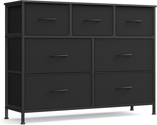 SONGMICS Dresser for Bedroom, Chest of Drawers, TV Stand, Steel, MDF, 7 Non-Woven Fabric Drawers, Storage Organizer Unit, Closet, Entryway, Ink Black and Ebony Black ULGS323B01S