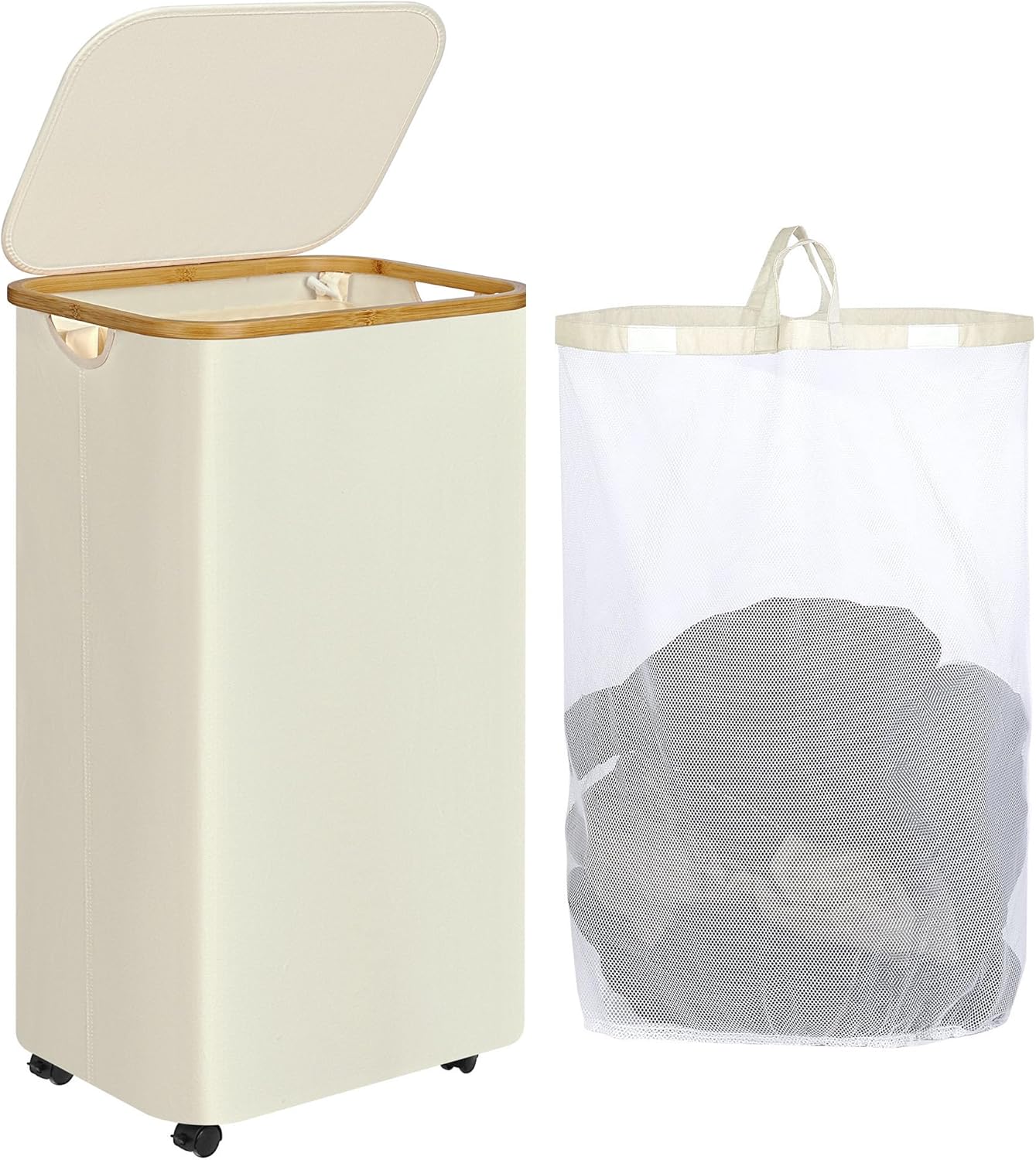 Laundry Basket with Wheels, 110L Beige Clothes Hamper for Laundry, Laundry Hamper with Lid and Inner Bag, for Laundry Room, Bedroom, Dormitory Storage,Beige