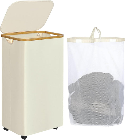 Laundry Basket with Wheels, 110L Beige Clothes Hamper for Laundry, Laundry Hamper with Lid and Inner Bag, for Laundry Room, Bedroom, Dormitory Storage,Beige
