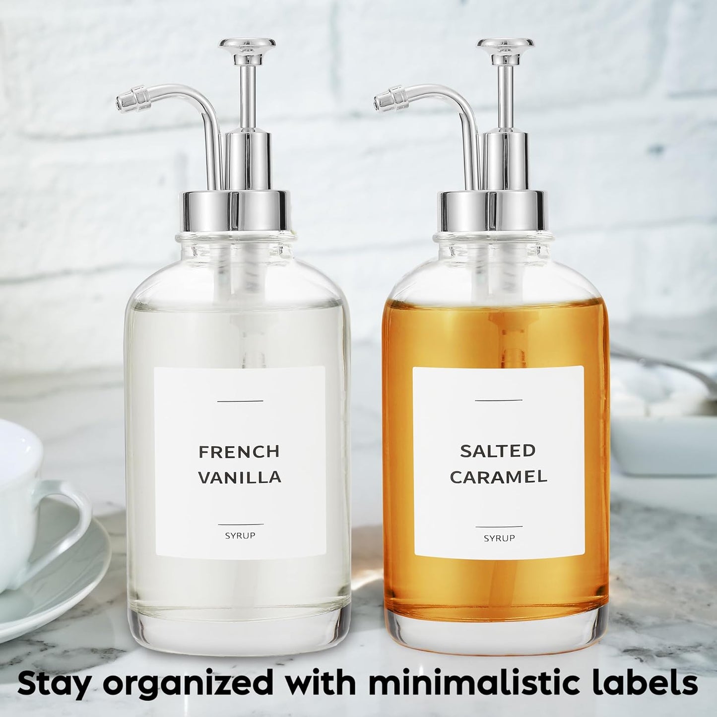 Coffee Syrup Dispenser with Pump - Includes 24 Flavor Labels - Glass Syrup Dispenser for Coffee Bar - Elevate your Beverage Station with 16.9 fl oz Flavoring Container Bottles, 2pcs, Silver
