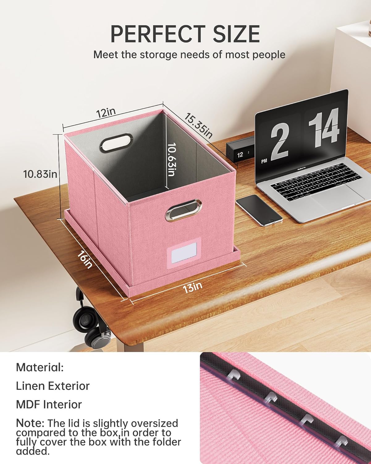 Oterri File Organizer, File Box, File Cabinet for Letter File Folder Storage, Portable Storage Bins with Lids for Office/Decor/Home, 1 Pack, New-pink-Box only