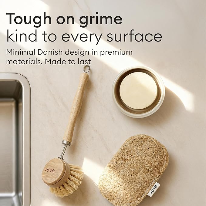Vove Cleaning Duo, Bamboo Dish Brush Set and Natural Dish Sponges, FSC-Certified Bamboo, Sisal, Loofah, Cellulose, Plastic-Free, Eco-Friendly Zero-Waste Kitchen Dish Scrubber Set