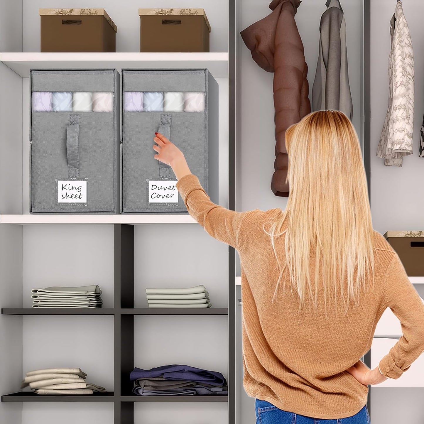 8 Pack Large Bed Sheet Organizers and Storage, (King & Queen Size) Sheet Organizer for Linen Closet, Foldable Bedding Storage Box with Window for Bedsheets, Blanket, Duvet Cover and Pillowcase