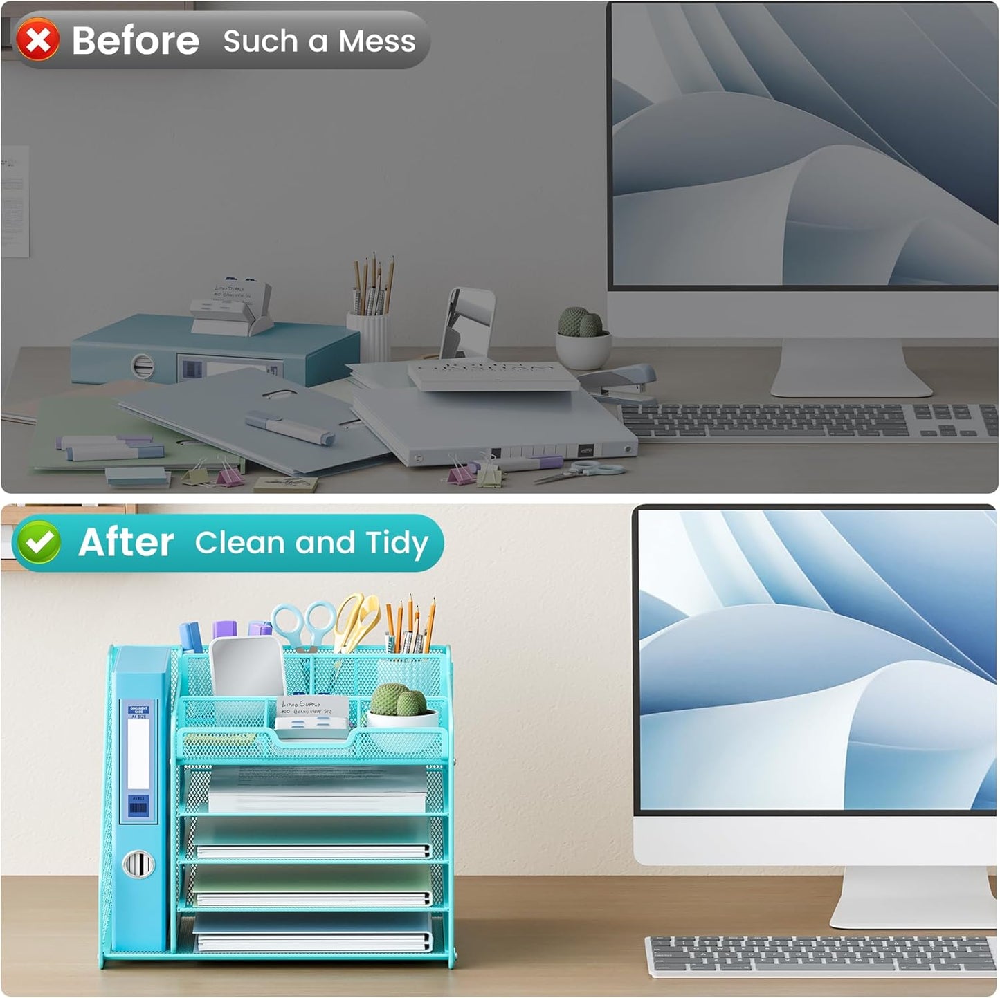 Lavatino 5-Tier Metal Mesh Desk Organizer with File Holder & 7 Customizable Compartments | Paper Letter Tray for Office or Home Desk Storage | Keep Workspace Supplies Neat & Organized, Blue