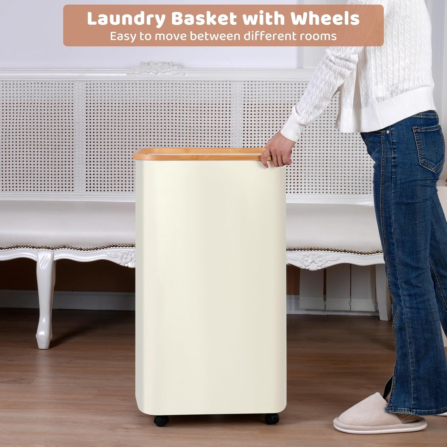 Laundry Basket with Wheels, 110L Beige Clothes Hamper for Laundry, Laundry Hamper with Lid and Inner Bag, for Laundry Room, Bedroom, Dormitory Storage,Beige