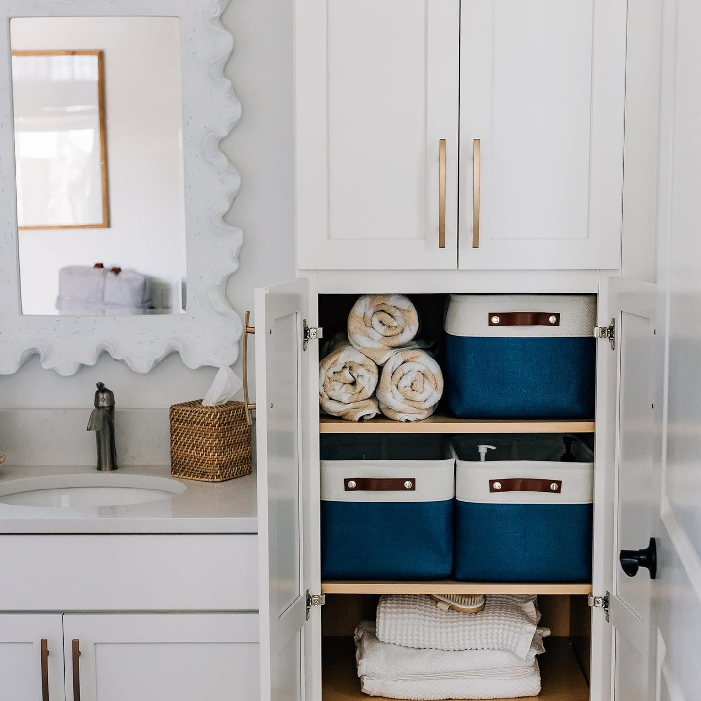 OrganiHaus Large Fabric Storage Baskets for Shelves 3 Pack, 15x11in Closet Storage Bins for Shelves, Canvas Baskets for Organizing, Linen Closet Organizers, Cloth Basket, Navy Blue/Off-White