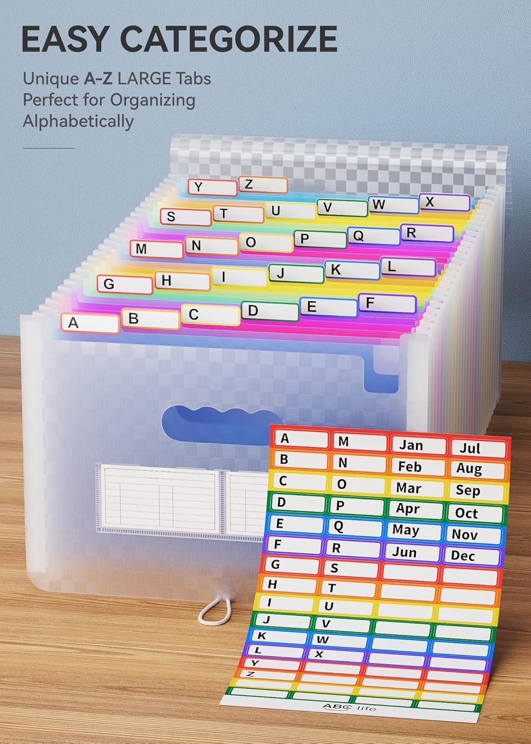 ABC life 26 Pockets Accordion File Organizer, Expanding File Folder, Portable Monthly Paper Bill Tax Receipt Organizer, Letter A4 Size Document Organizer with Labels - Blue