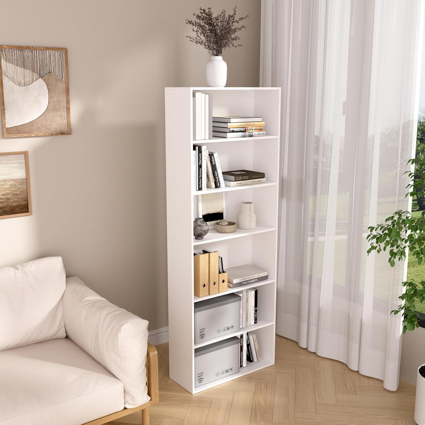 Wooden 6 Cube Storage Organizer,6 Tier Low Bookcase Storage Display Organizer, 64 Inch Versatile Cubes Shelf and Cubby Unit for Any Space (White, 6 Cube-W(23.6inch)