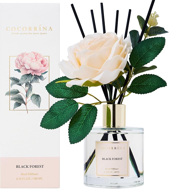 Cocorrina Reed Diffuser Set, Flower Reed Diffuser Black Forest 6.7 oz, Scented Diffuser with Sticks Home Fragrance Essential Oil for Bathroom Shelf Decor, Living Room, Large Room, 1pack