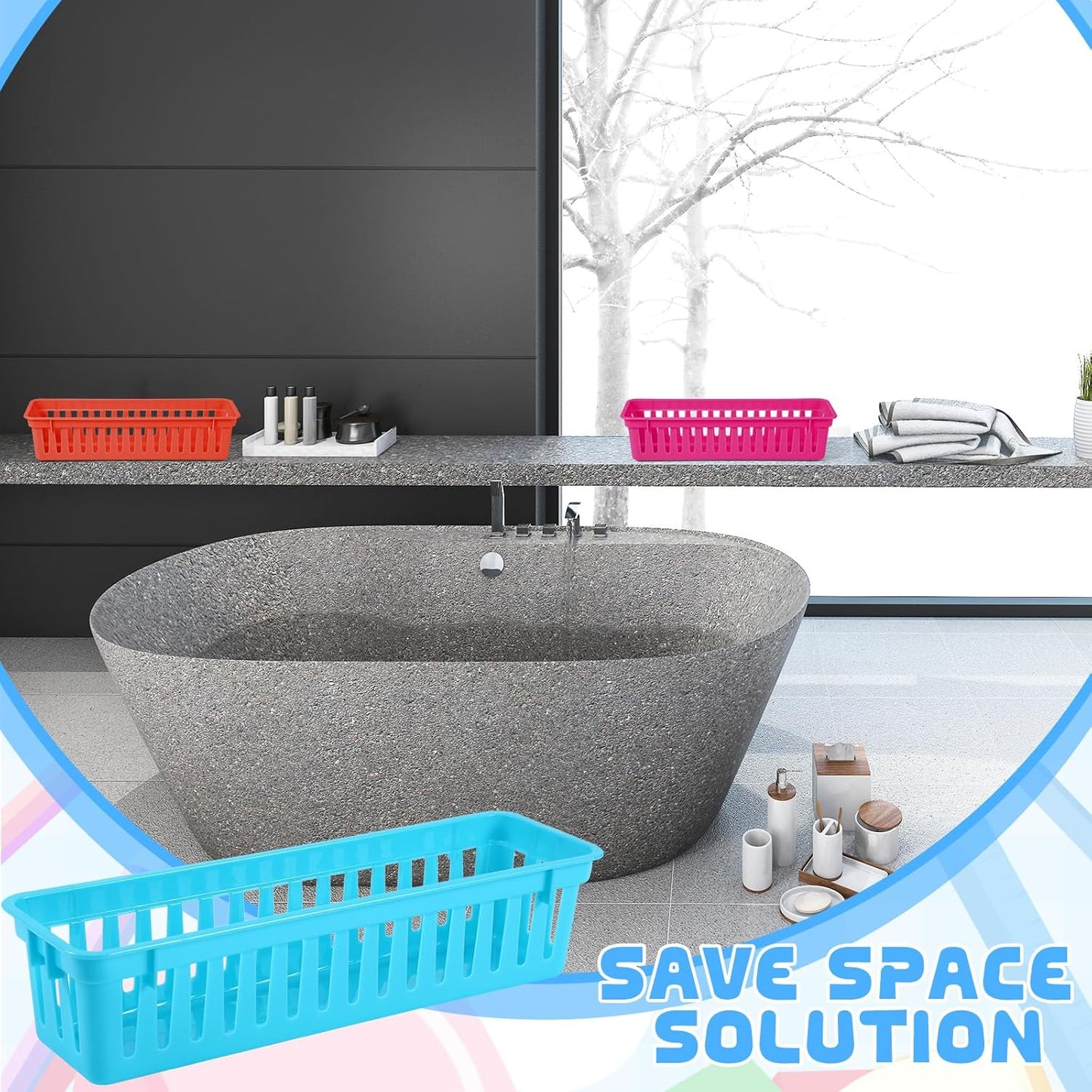 6 Pcs Colorful Slim Plastic Storage Baskets Tray 10 x 3 x 2.5 Inch Compact Stackable Desk Organizer for Office, Classroom, School Supplies, and Home Storage, Organization(Colorful)