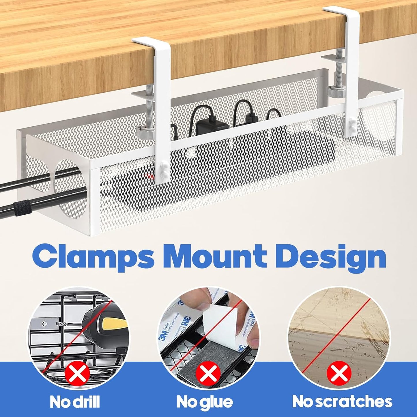 Under Desk Cable Management Tray No Drill 15.1’’, Metal Mesh Cable Management Box with Hybrid Side Slots & Reinforced Basket,Adjustable Cable Tray with Wire Management for Office Home,1 Pack (White)