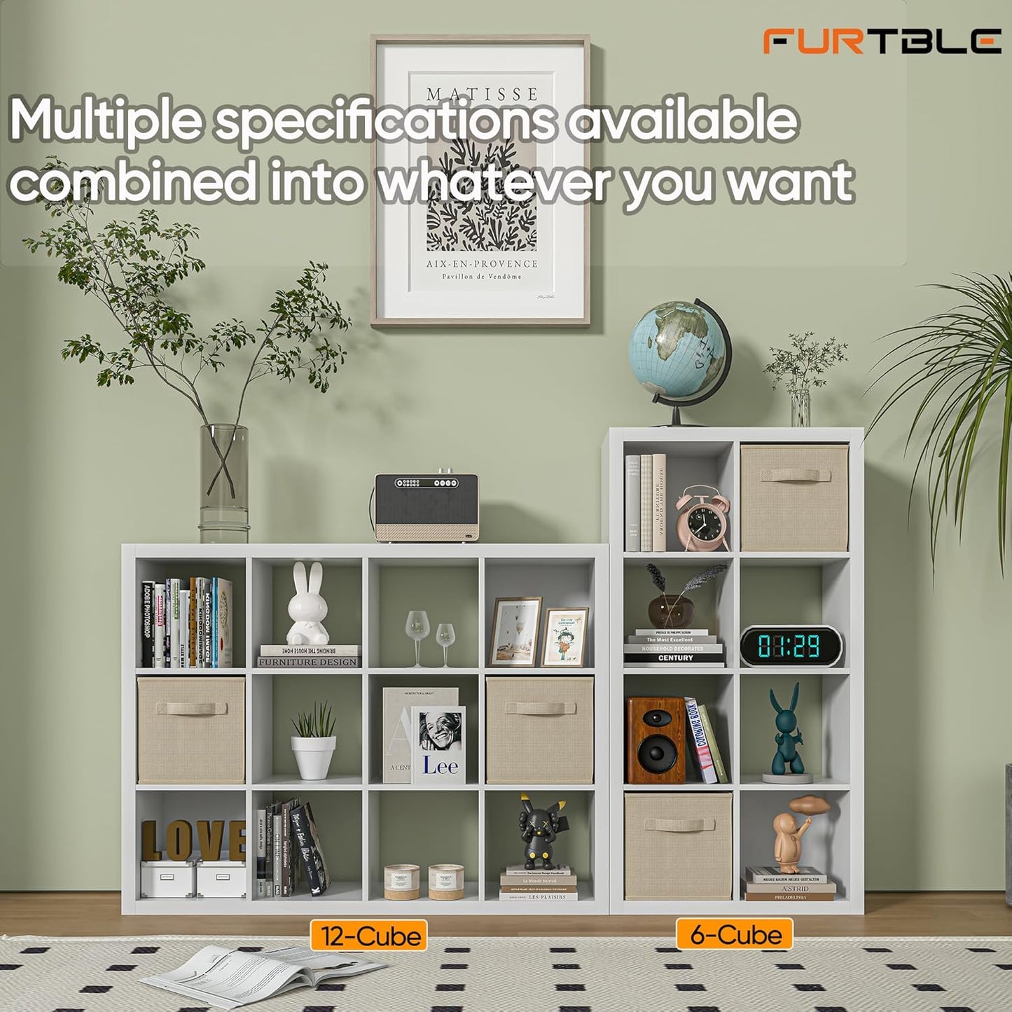 furtble Bookshelf with Storage Bins, 16-Cube Storage Organizer with Back Panels, Modern Wood Open Bookcase, Multifunctional Display Shelf for Living Room, Bedroom, Home Office, White