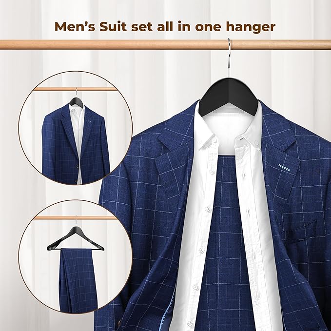 Coat Hanger 8-Pack, MEQUTION Wood Hangers Trouser Hangers Extra Wide Shoulder Wooden Hangers for Heavy Coat, Sweater, Skirt, Suit, Pants, Retro Finish (Black)