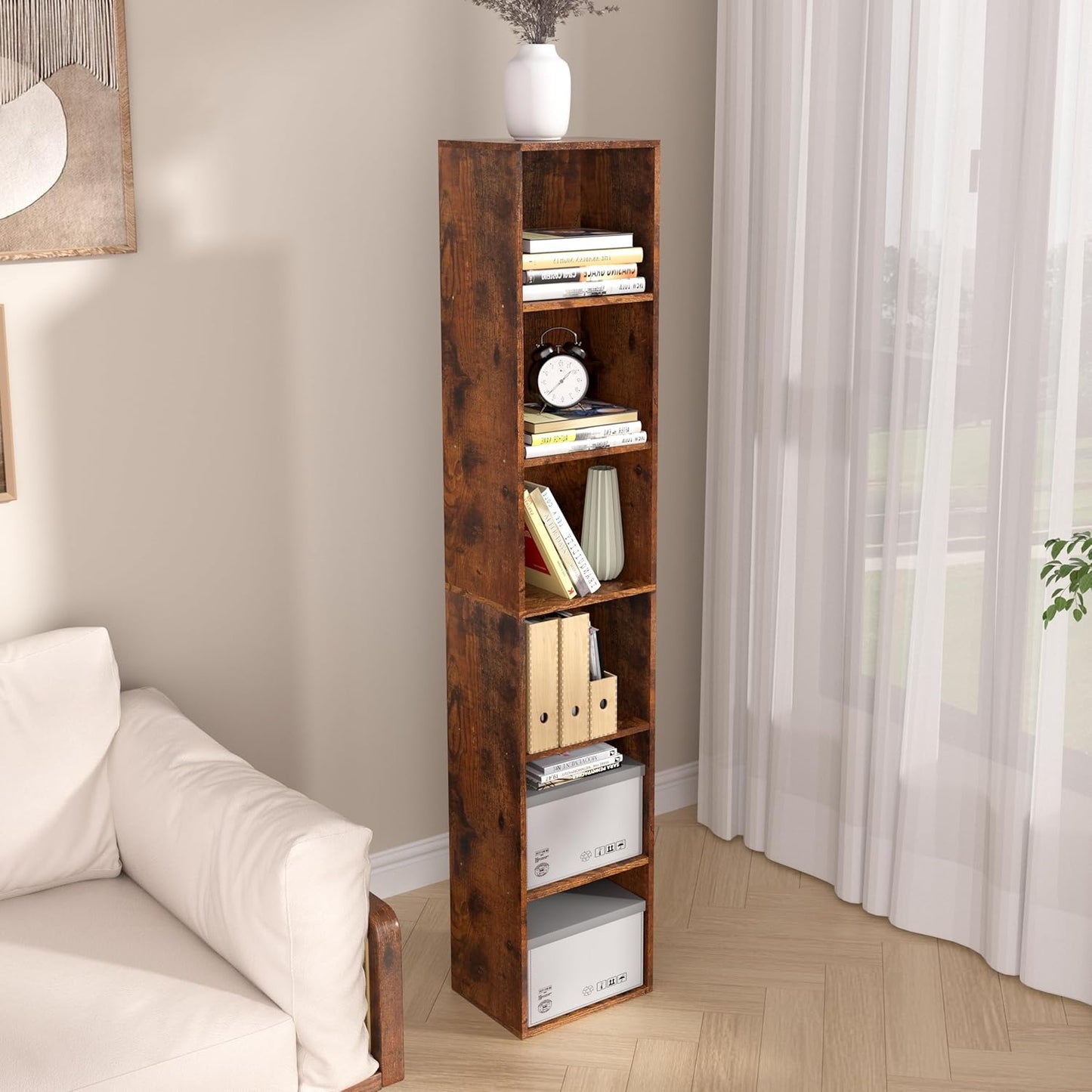 Wooden 6 Cube Storage Organizer, 6 Tier Storage Cubes Storage Display Cubby, 62 Inch Tall Versatile Cubes Shelf and Cubby Organizer for Any Space (Retro Brown, 6 Cube-W(11.8inch)