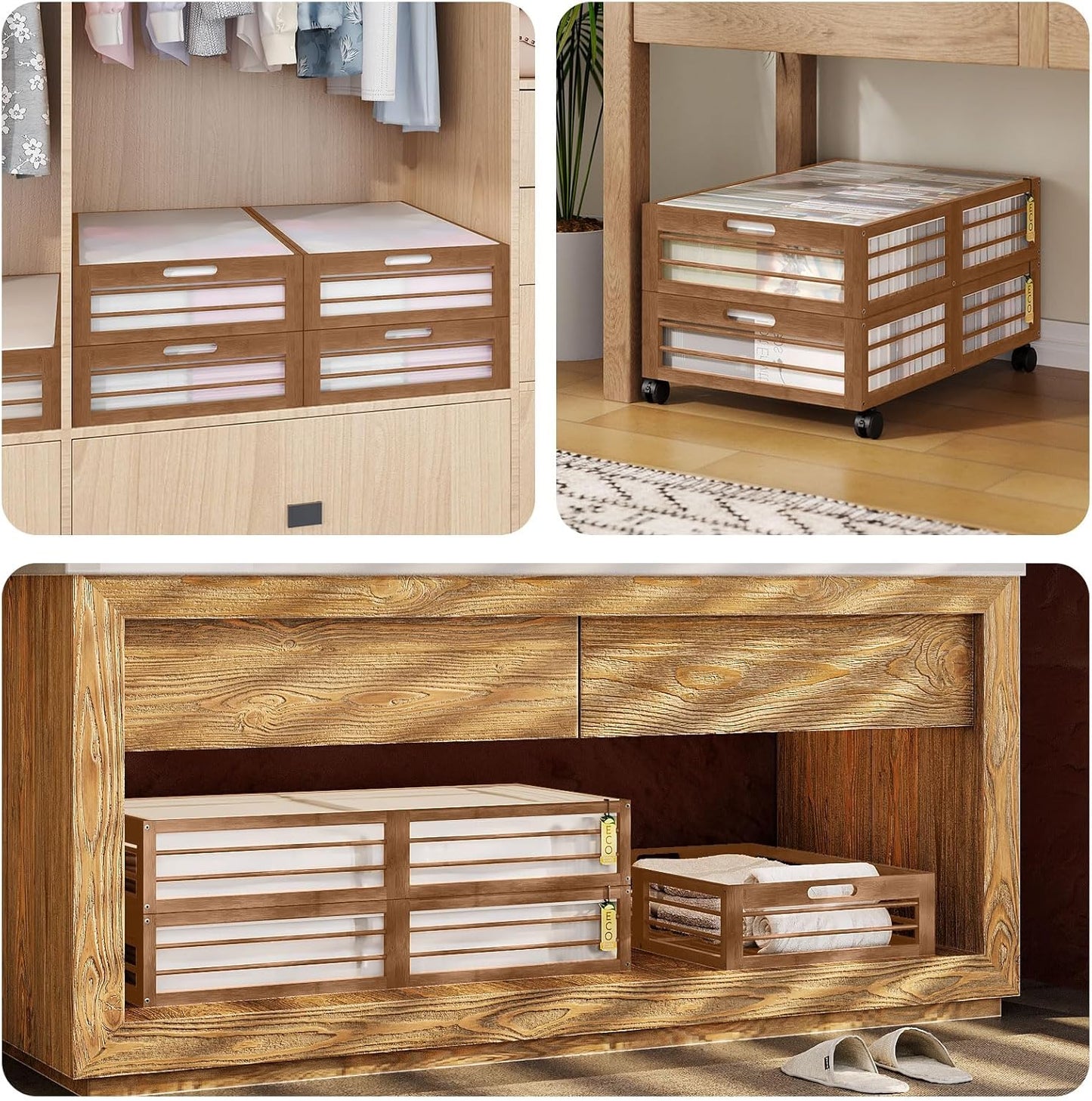 Bamboo Underbed Storage Containers with Wheels & Bag 2 Pack, Large Under Bed Rolling Storage Bins Wood Under Bed Clothes Storage Stackable Drawers for Bedroom Closet Under Crib Toy(Walnut)