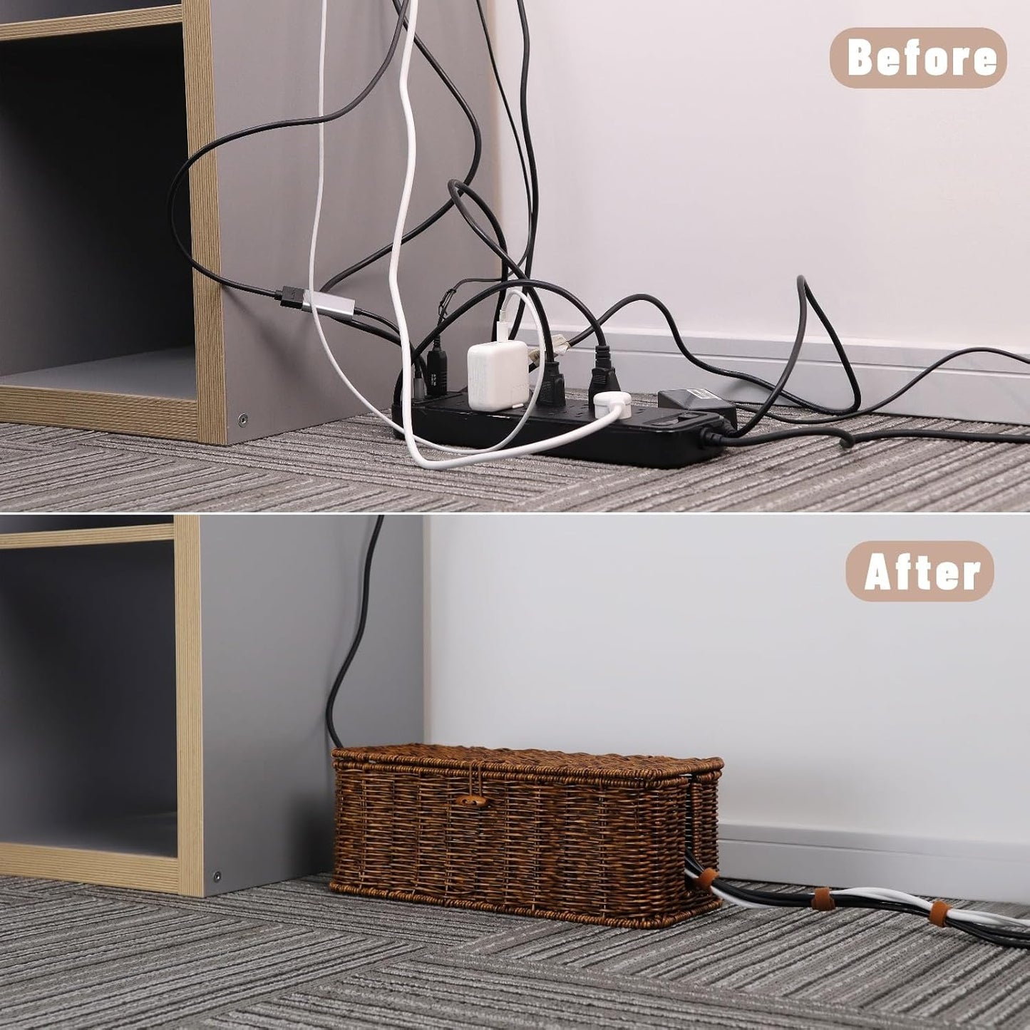 BROWNLILY Cable Management Box, Rattan Style Cord Organizer for Desk Cord Hider Outlet Covers Baby Proofing for Power Strip TV PC Router Charger Under Desk Storage with Lockable Lid and Cable Ties