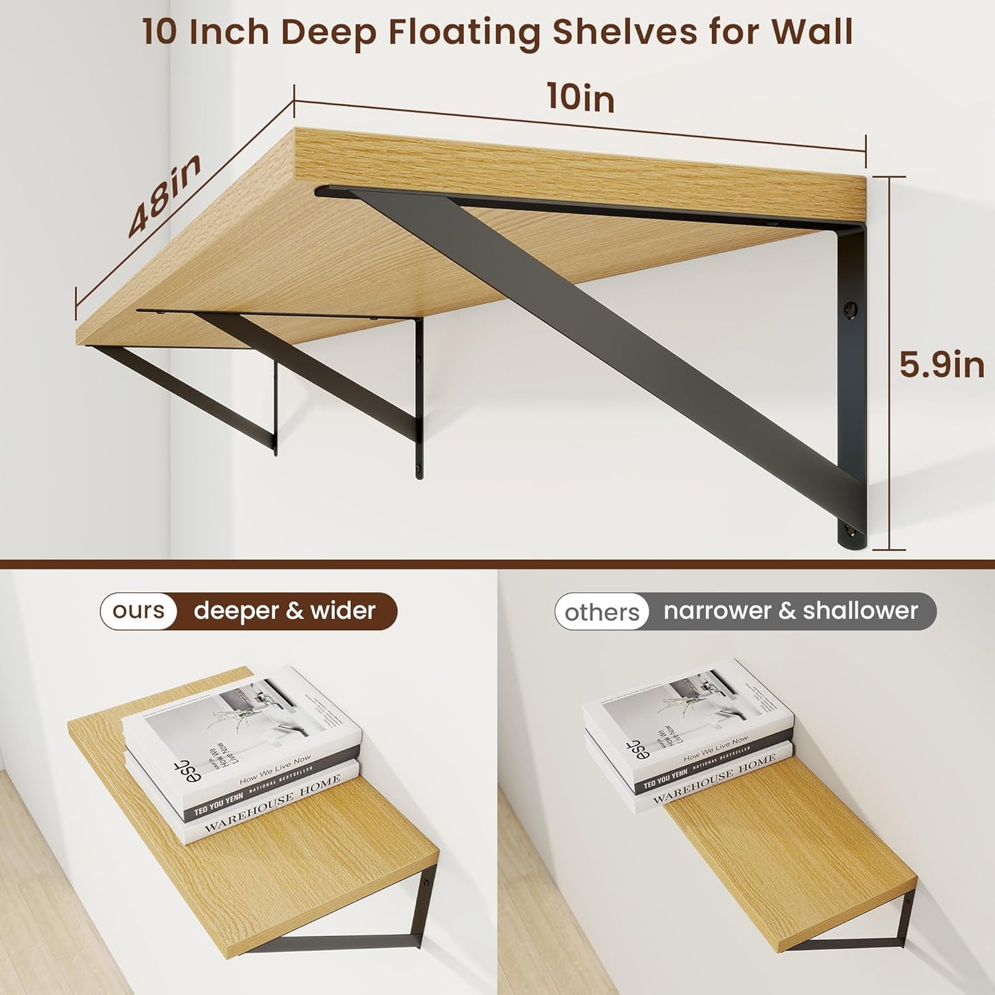 Axeman Deep Floating Shelves for Wall - 48 Inch Wide x 10 Inch Deep Floating Shelves Set of 2 -Oak Wide Wall Shelves for Living Room Bathroom Bedroom