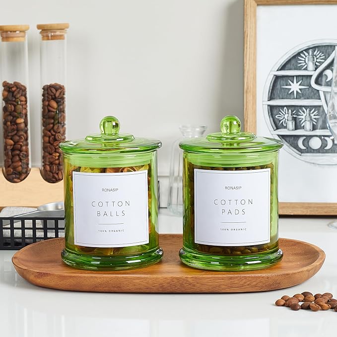 Qtip Holder & Cotton Pad Dispenser, Bathroom Organizer and Storage Canisters, 16oz Glass Apothecary Jars for Kitchen, Restroom - Home Decor Accessories, Room Decor Aesthetic (2 Pack, Green)