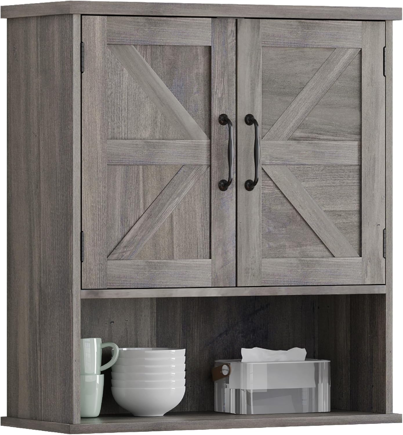 Smuxee Farmhouse Wall Mounted Cabinet, Washed Grey Small Medicine Cabinet with Adjustable Shelf, Suitable for Bathroom, Living Room, Laundry Room