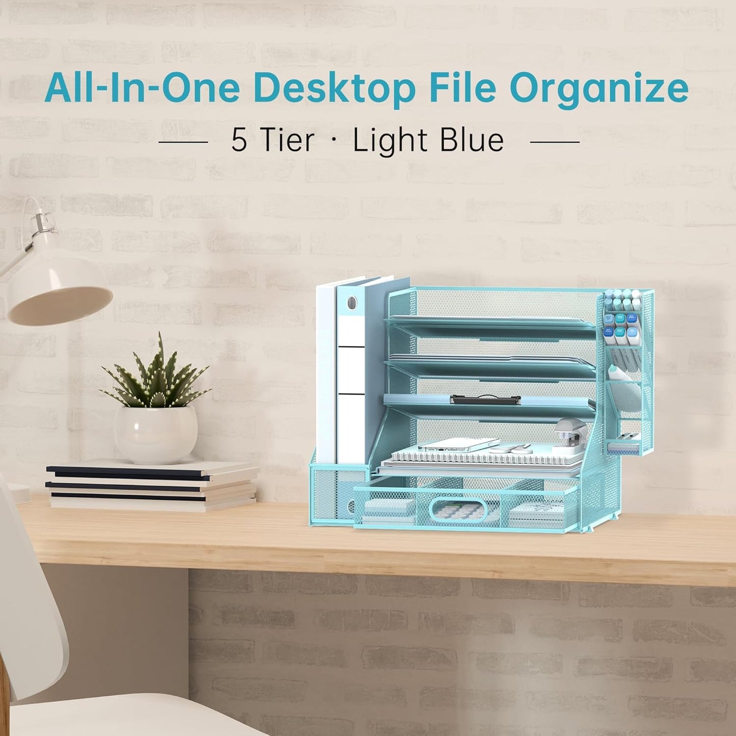 SUPEASY Desk Organizer with File Holder, 5-Tier Mesh Paper Letter Tray Organizer with Pen Holder and Drawer, Desktop Organizer and Storage with 3 Tilted File Sorter for Office Supplies, Blue