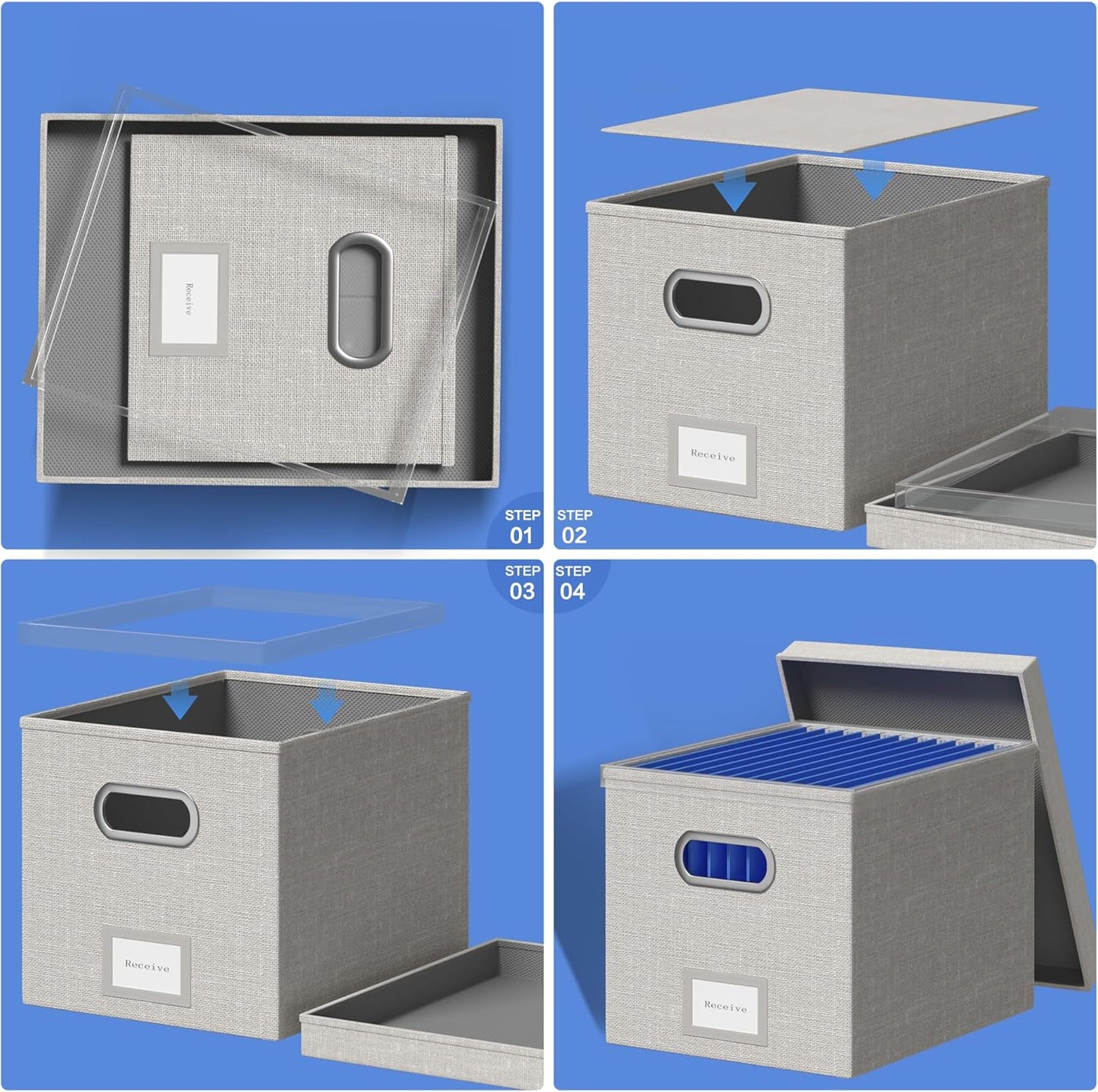 File Organizer Box - File Boxes for Hanging Files with Lid Set of 3 Decorative Hanging Folders Organizer with One-Piece Plastic Frame Slides (Light Grey, 13.2 * 10.1 * 10.1in(3Pack))