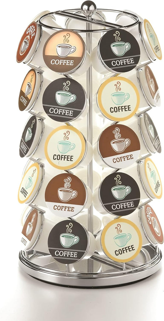 Nifty K Cup Holder – Compatible with K-Cups, Coffee Pod Carousel | 35 K Cup Holder, Spins 360-Degrees, Lazy Susan Platform, Modern Chrome Design, Home or Office Kitchen Counter Organizer
