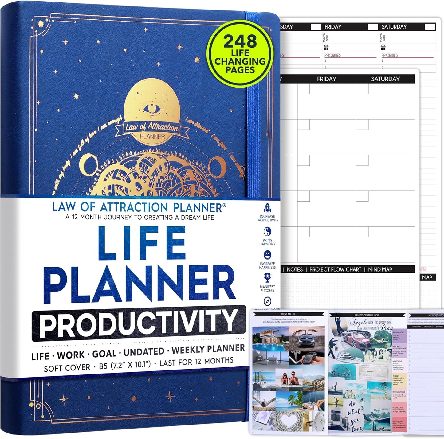 Law of Attraction Planner – Undated Hourly, Weekly & Monthly Goal Setting Planner, 12-Month to Increase Productivity | Life & Gratitude Journal, Include Foldable Vision Board, Gift Box & Stickers
