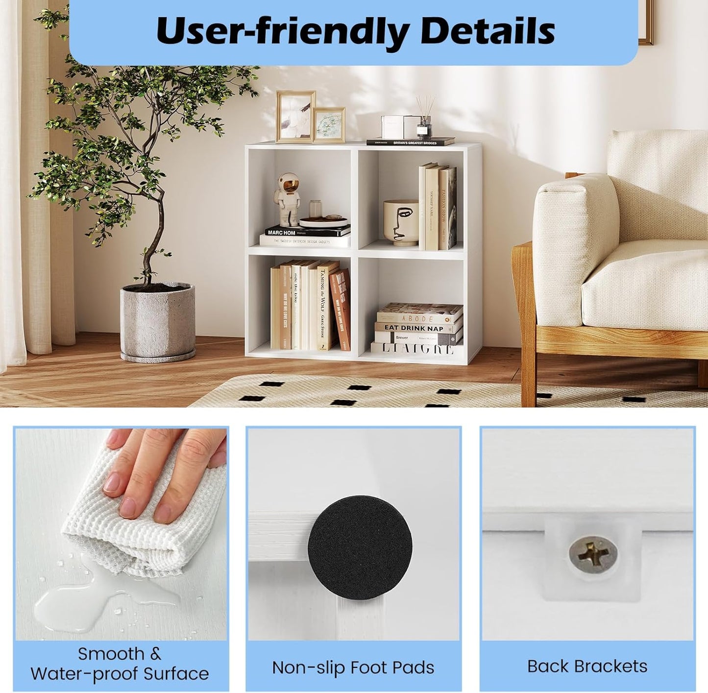 Stackable Cube Bookshelf, Modular Cubby Storage Organizer, Small Bookcase for Small Spaces, Combination Cubical Shelf, Wooden Display Shelving Unit (White, 1-Cube)