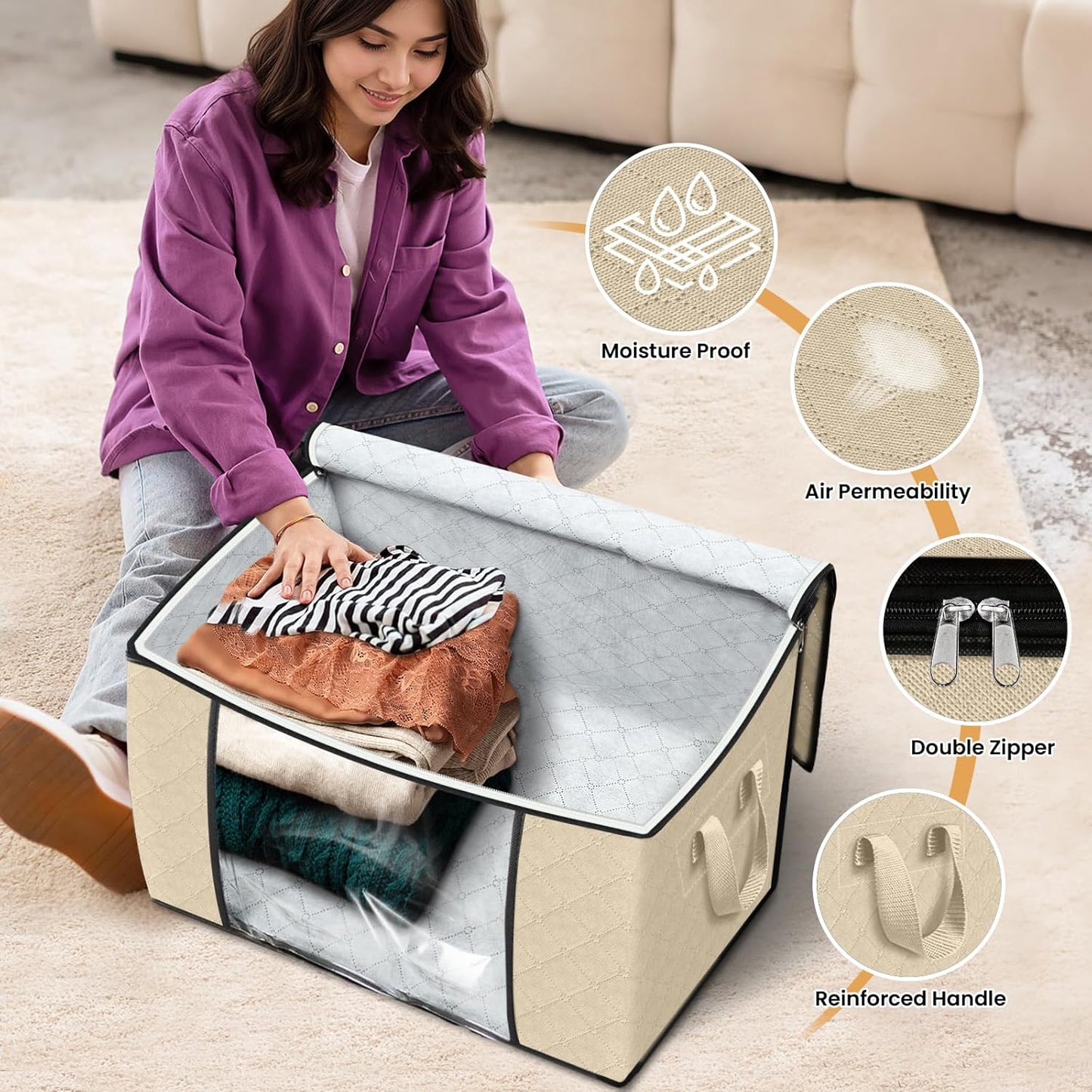 Fab totes 24 Gallons Clothes Storage, Foldable Thick Fabric Blanket Storage Bags, Containers for Organizing Bedroom, Closet, Clothing, Comforter, Organization with Handle (3 Pack,Beige)