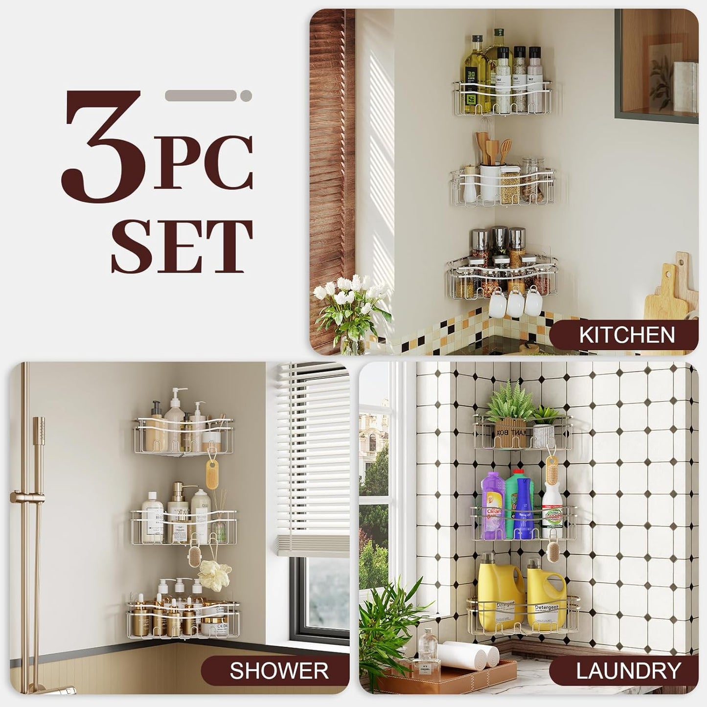 Chrome corner shower caddy with depth caddy and Built in 12 hooks rustproof adhesive wall mounted shower shelf 3 pack chrome triangle shower storage for bathroom kitchen and laudry room