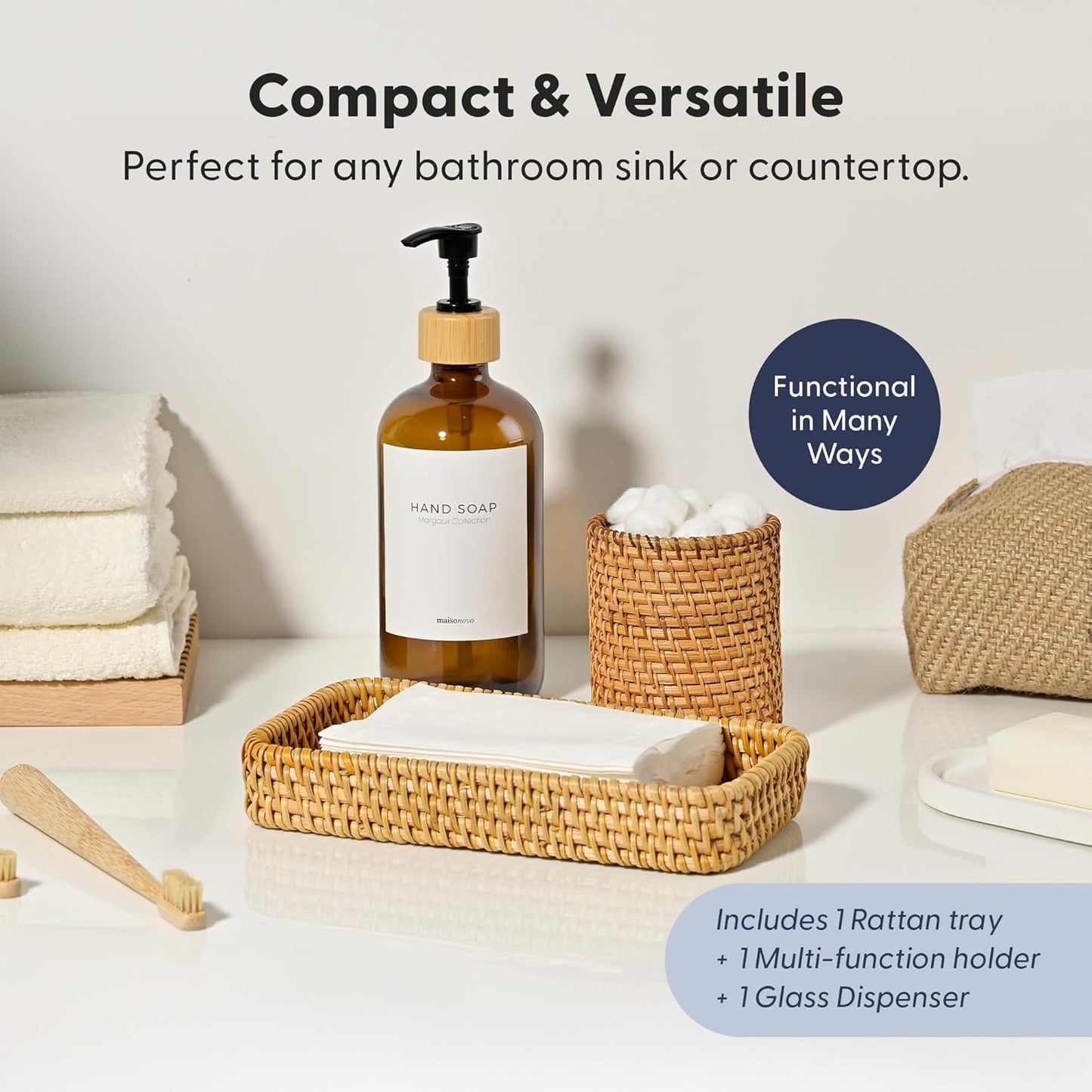 MaisoNovo Rattan Bathroom Set - Amber Countertop Dispenser, Toothbrush Holder & Toothpaste Cup with Tray - Set of 3 - Rattan Bathroom Vanity Trays Rectangle for Storage